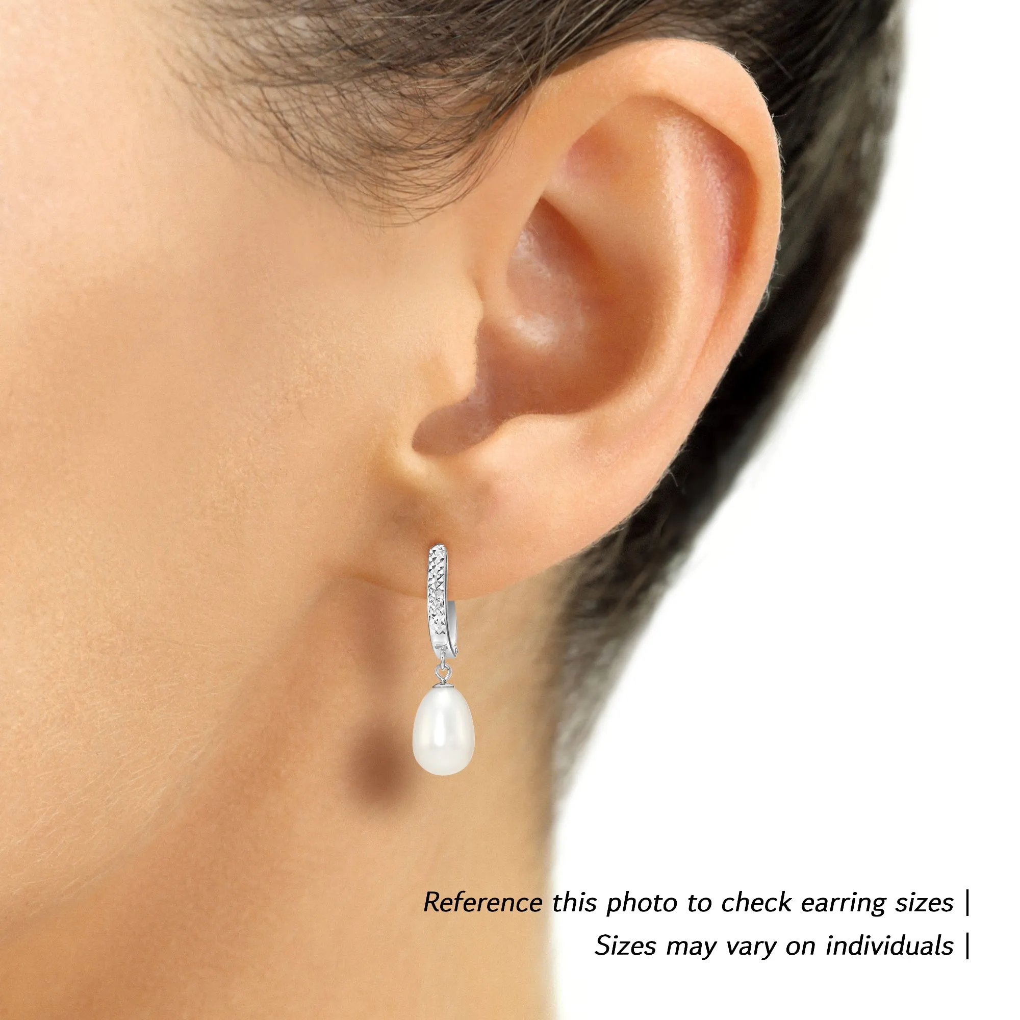 14K Gold Freshwater Pearl Drop Earrings, Huggie Design With Diamond-Cuts