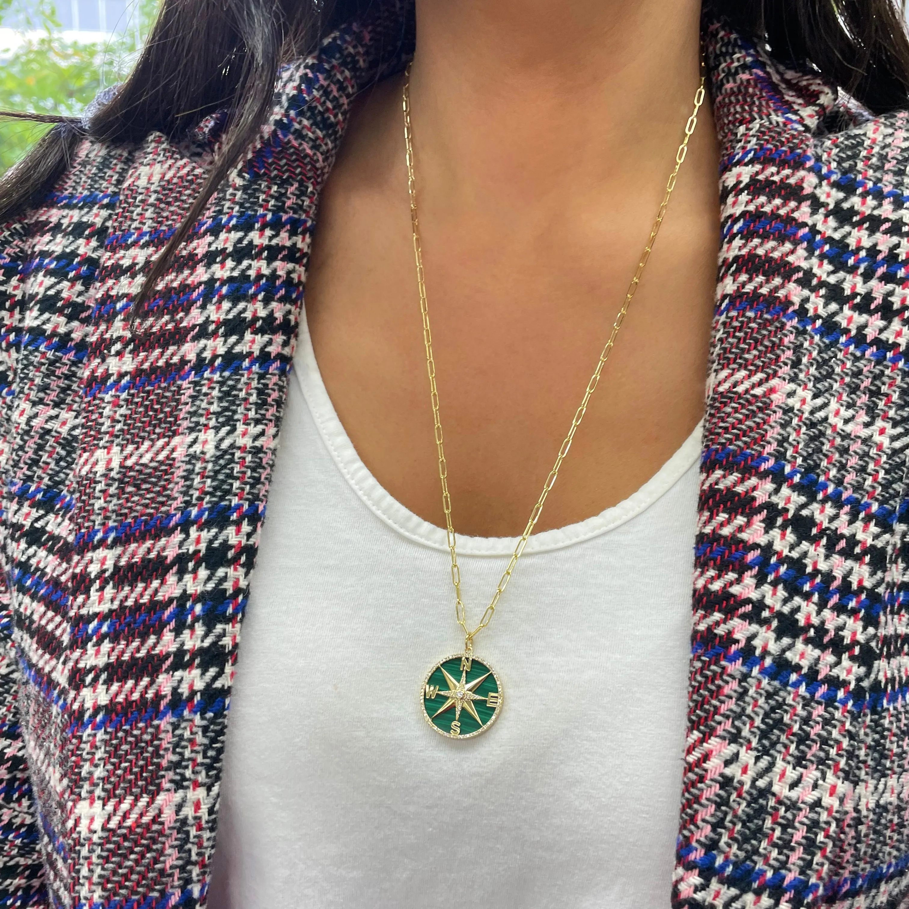 14k Gold Malachite & Diamond Compass Charm