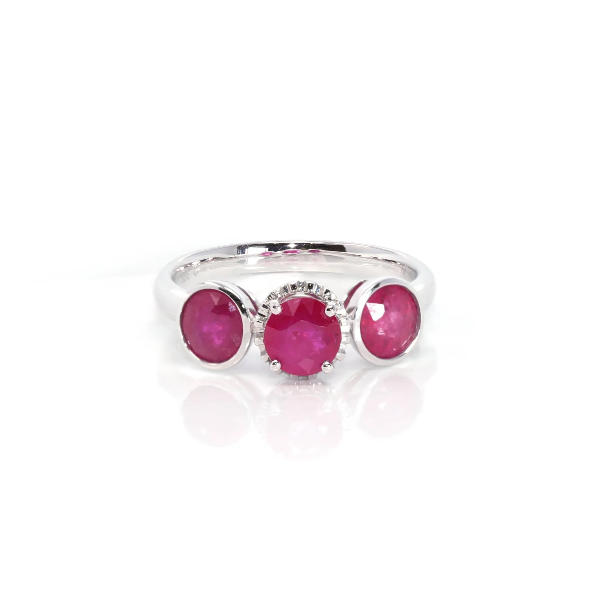 18k White Gold Natural 3 Round Pink Ruby Diamond Anniversary Ring