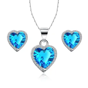 18k White Gold Plated Heart 2 Carat Created Topaz Full Set Necklace 18 inch