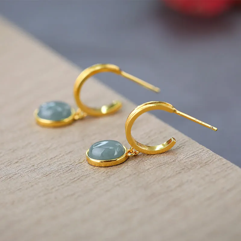 925 Silver Natural A Cargo Blue Water Jade Egg Surface Earrings