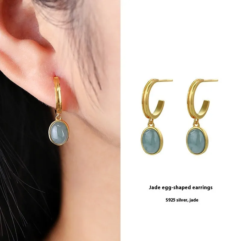 925 Silver Natural A Cargo Blue Water Jade Egg Surface Earrings