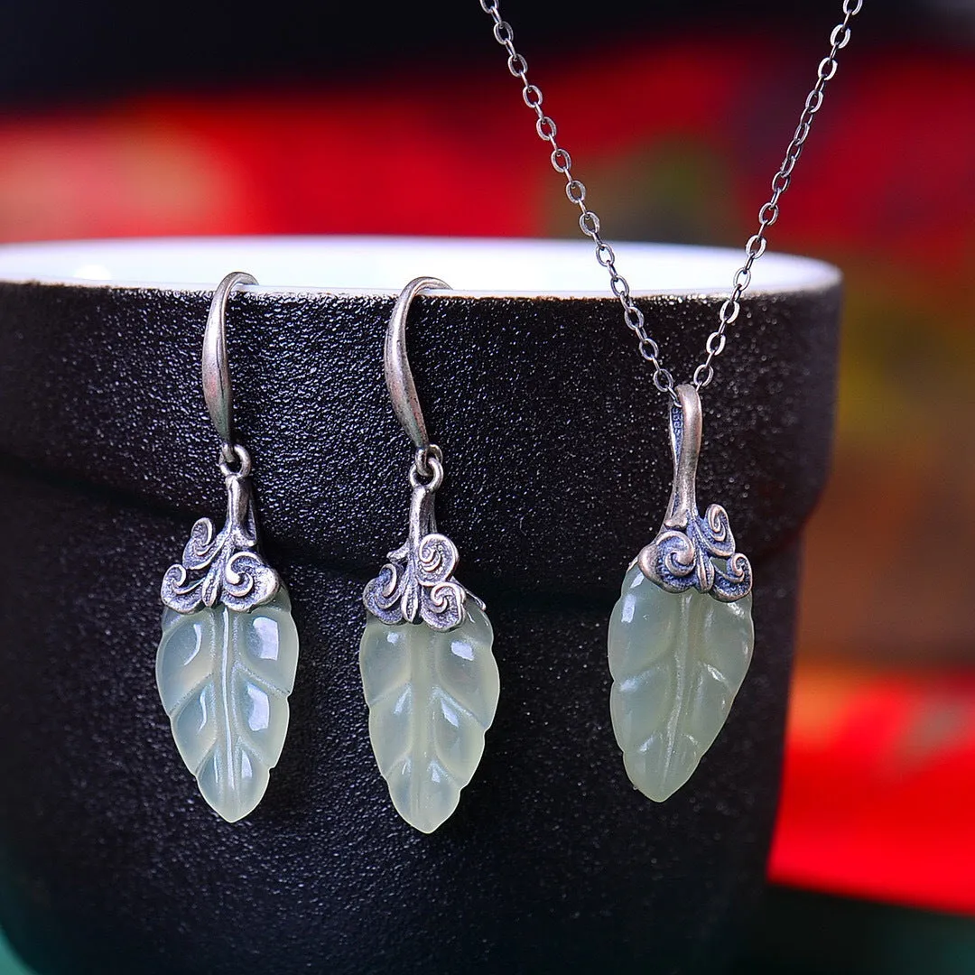 Bamboo Yeqing and Tian Yu Jinzhi Yuxi Pendant Earrup Retro Old Silver Tree Leaf Set Jewelry Jewelry