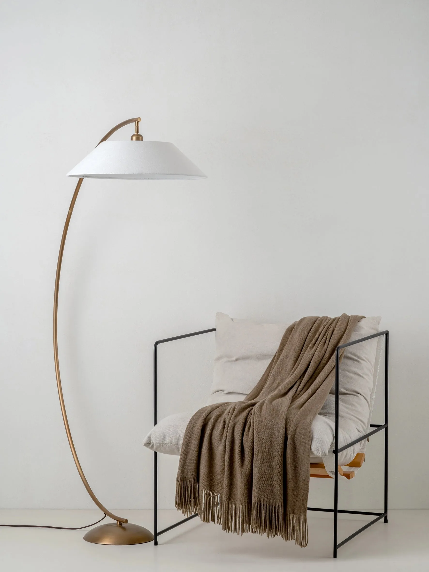Circo - arc aged brass and natural linen floor lamp