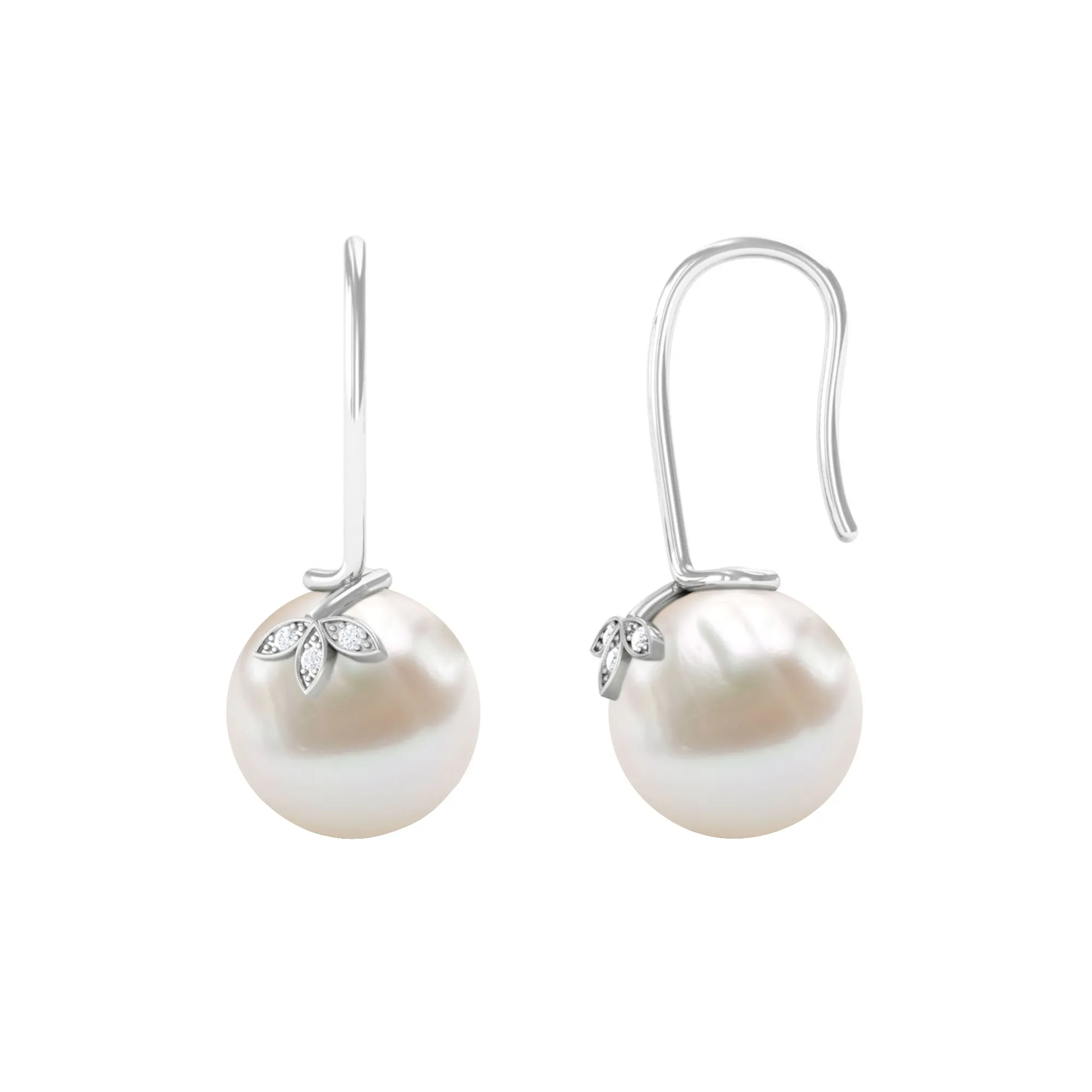Designer Freshwater Pearl and Diamond Drop Earrings with Fish Hook