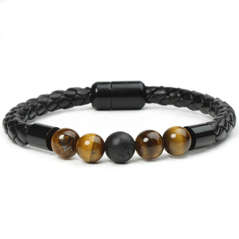 Fashion Personality Men's Stone Beaded Bracelet Leather Rope Magnetic Snap Bracelet
