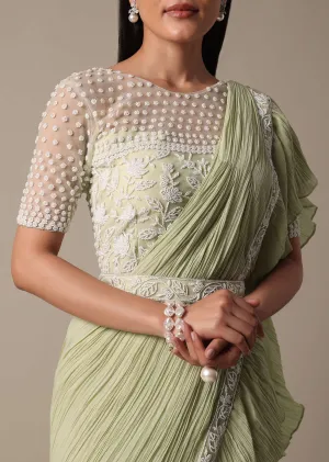 Graceful Green Pleated Saree With Ready Made Blouse