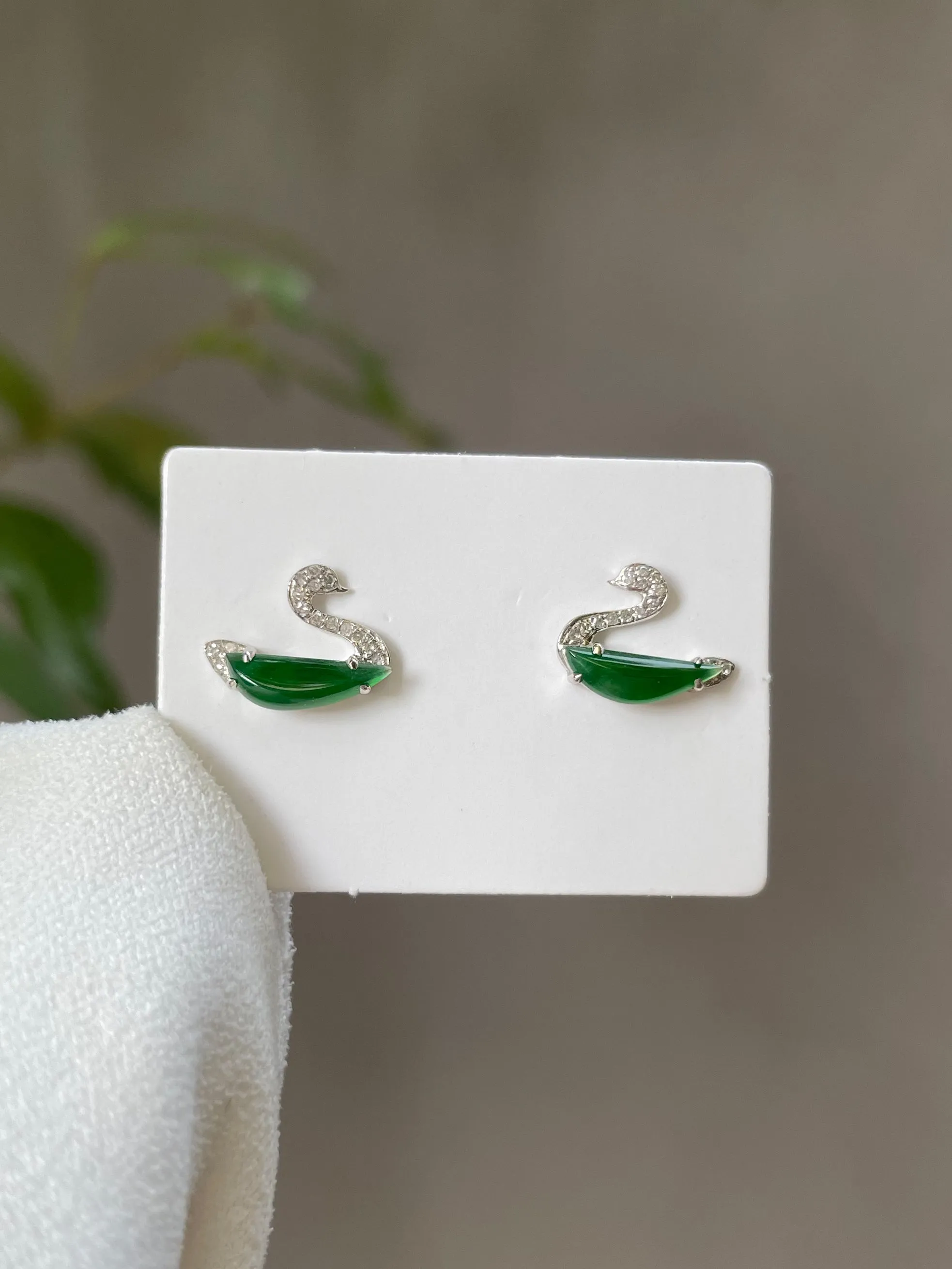 Green Jade Earrings - Swans (NJE027)