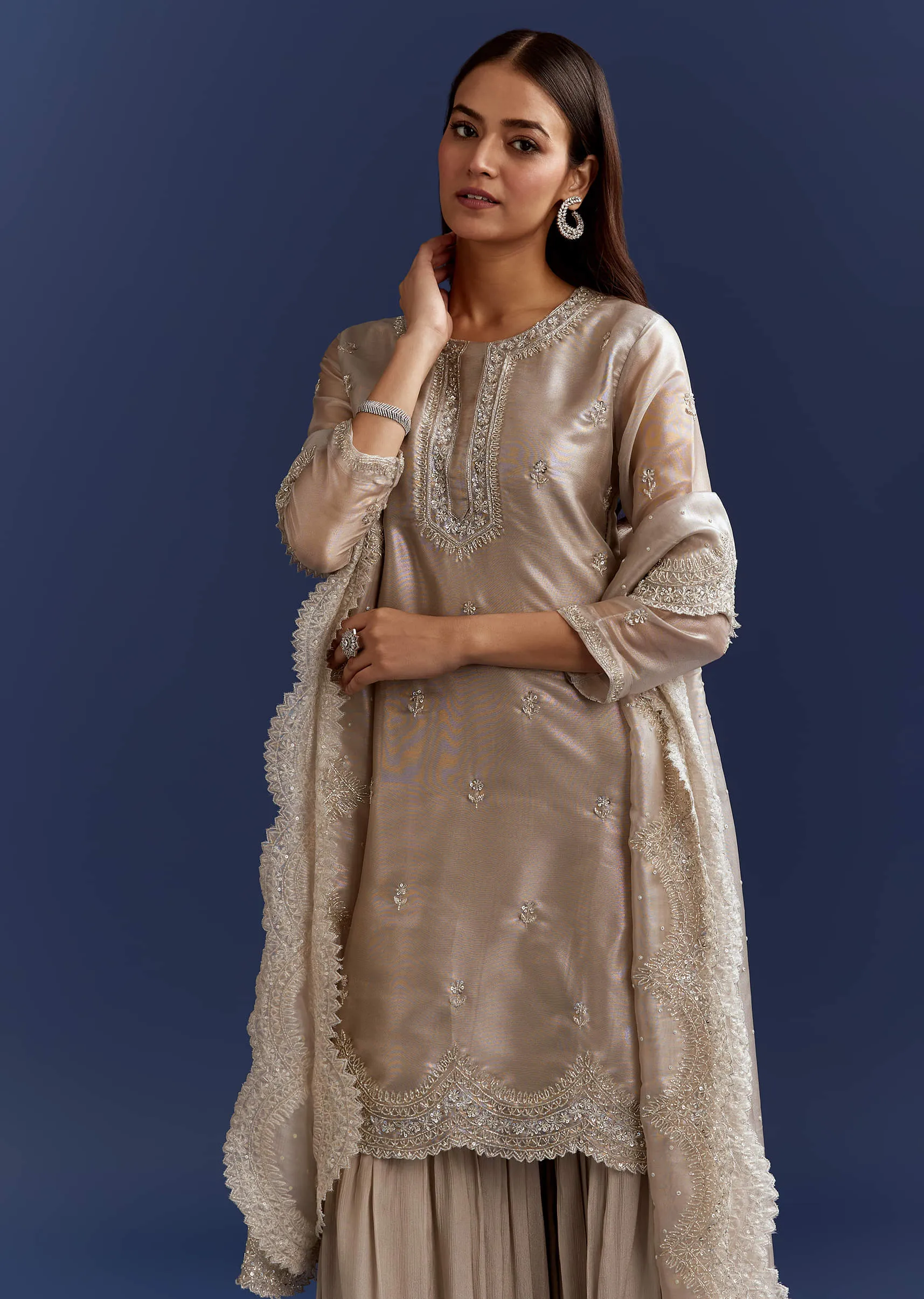 Grey Cutdana And Sequins Kurta With Stone Work Dupatta In Tissue