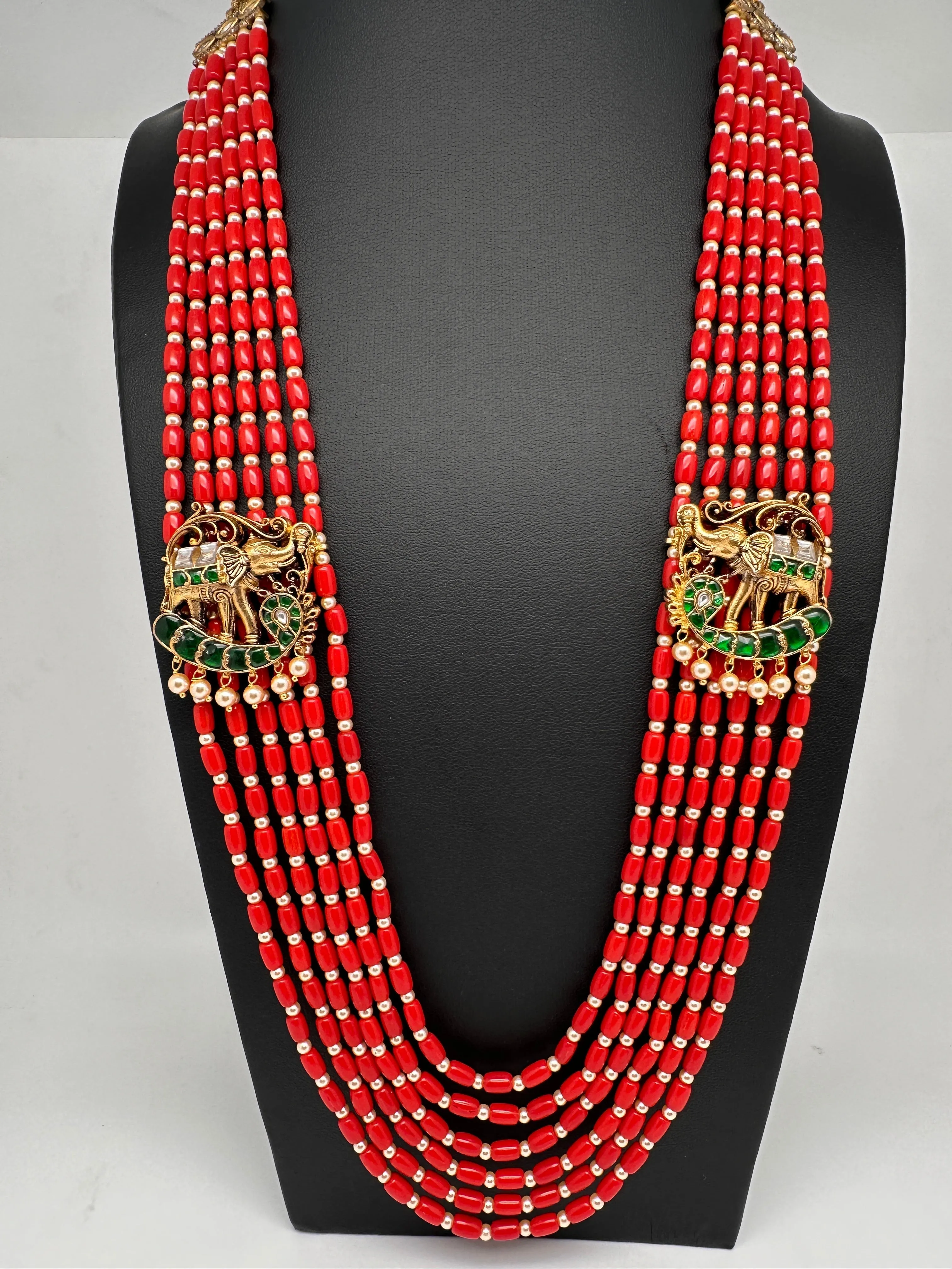 Jadau Kundan Elephant Pattern Long Coral Beads Necklace