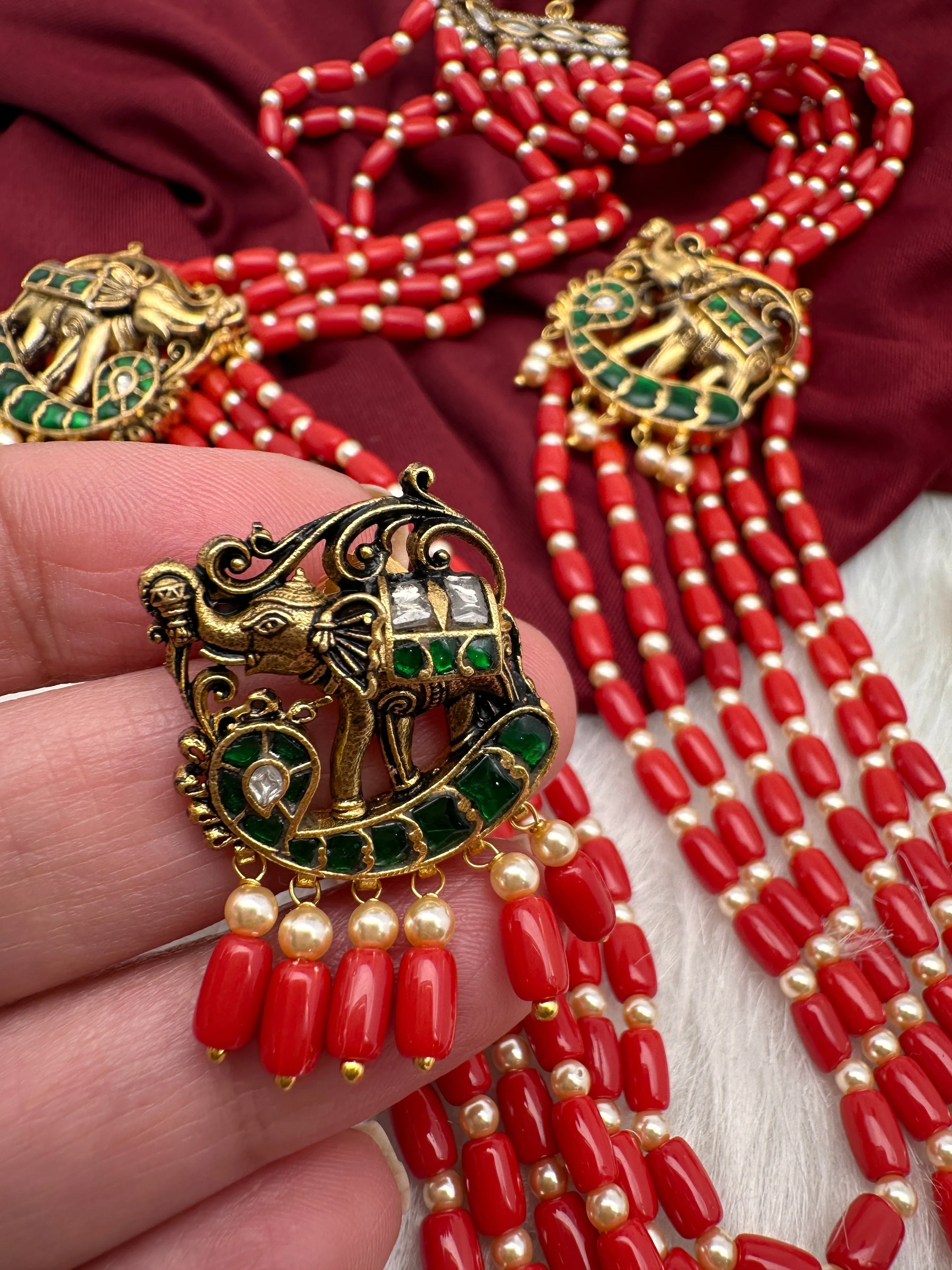 Jadau Kundan Elephant Pattern Long Coral Beads Necklace