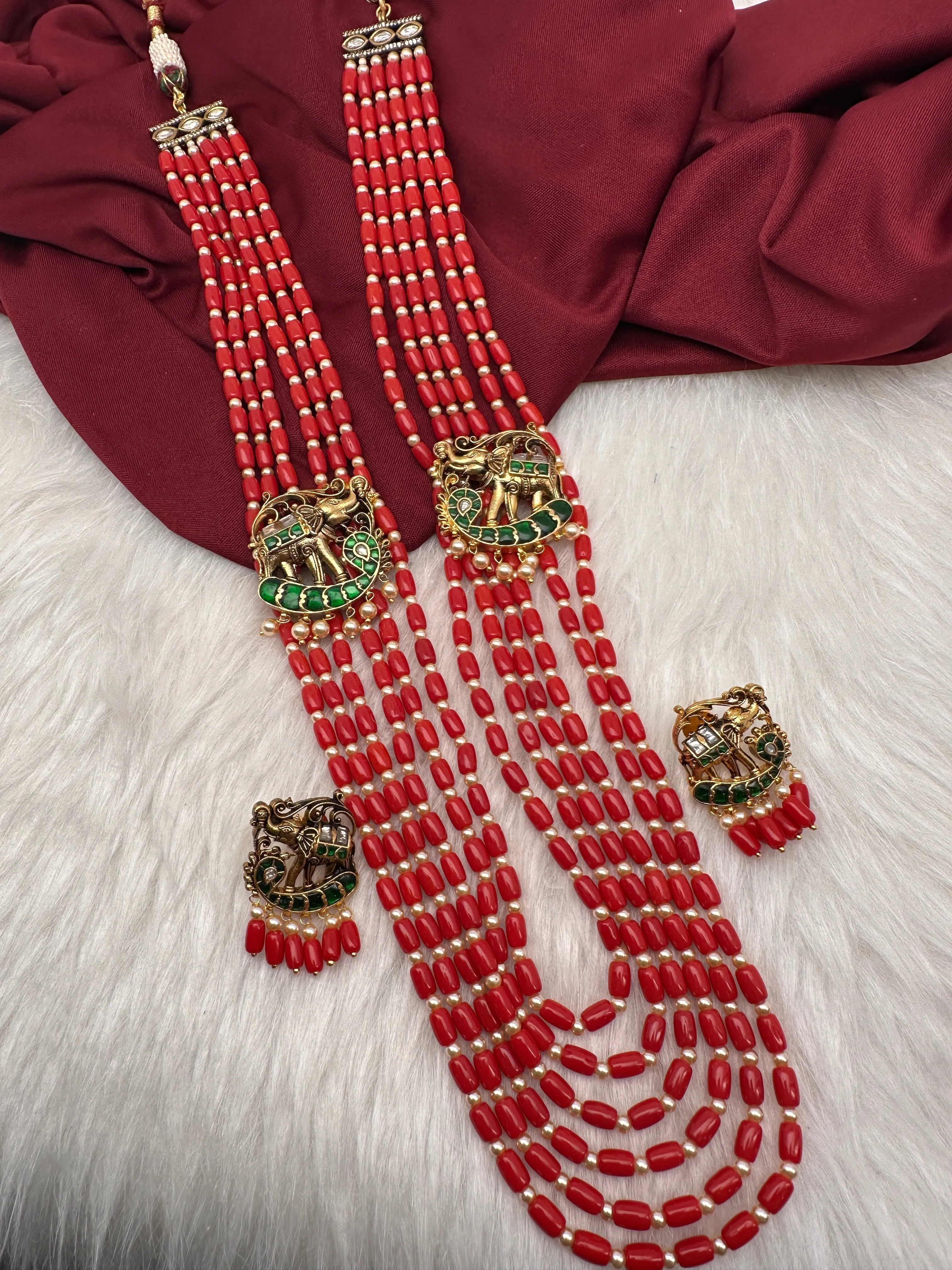 Jadau Kundan Elephant Pattern Long Coral Beads Necklace