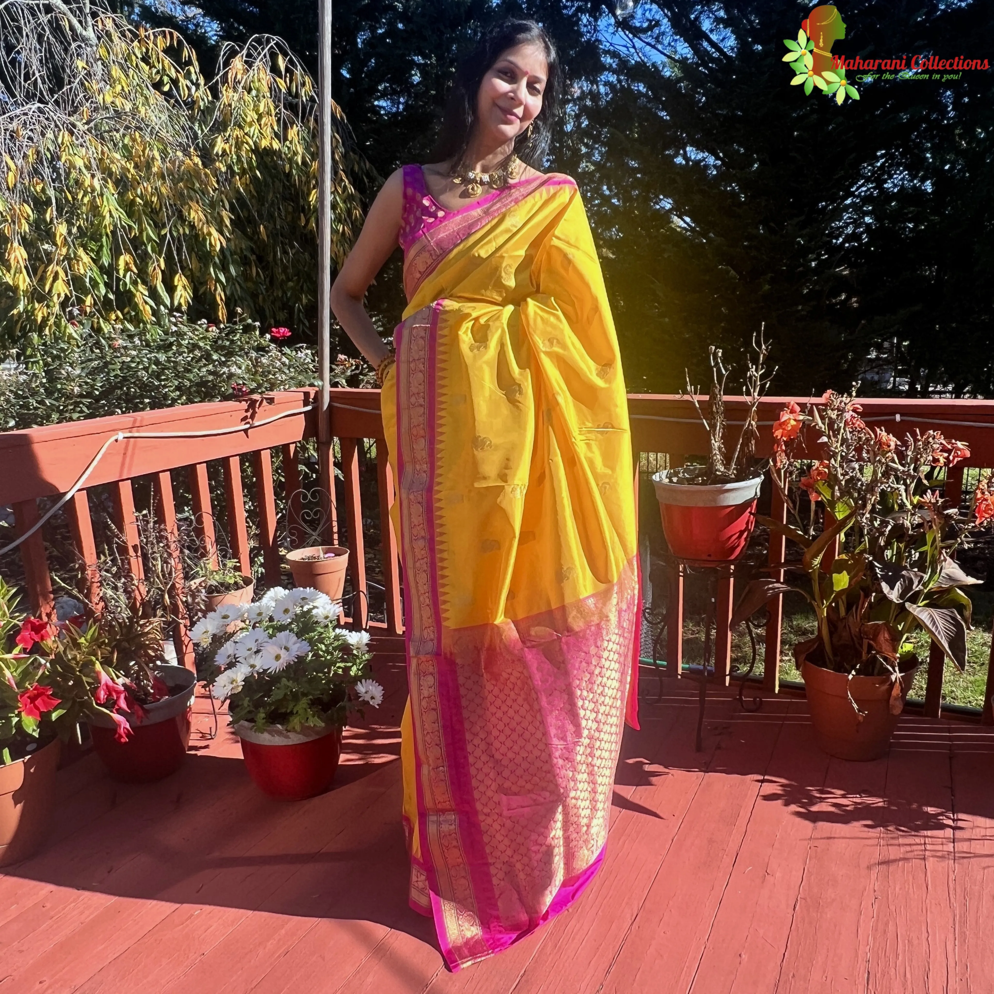 Maharani's Pure Banarasi Paithani Silk Saree - Yellow (with stitched Petticoat)