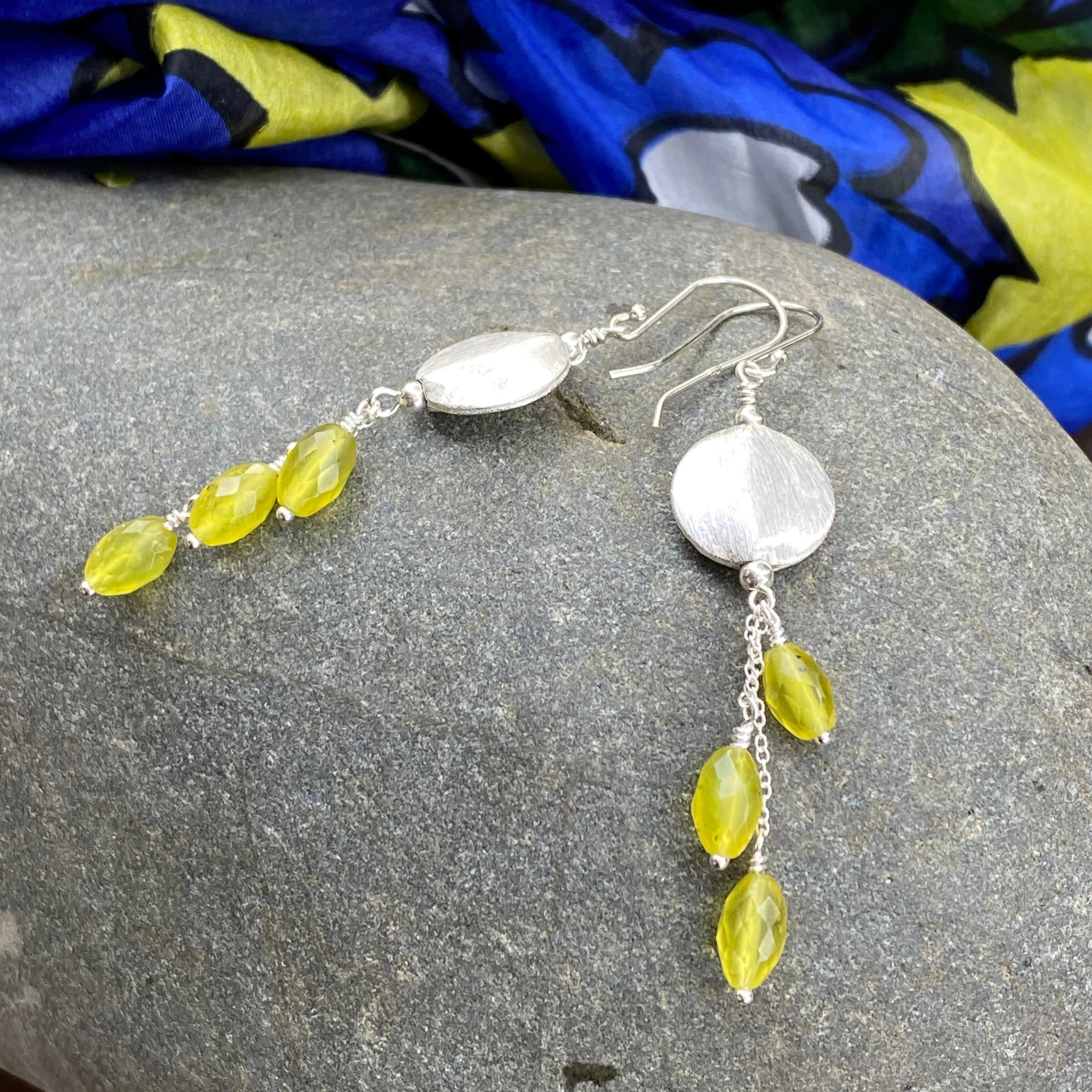 Neon Yellow Korean Jade & Sterling Silver Coin Cascade Earrings