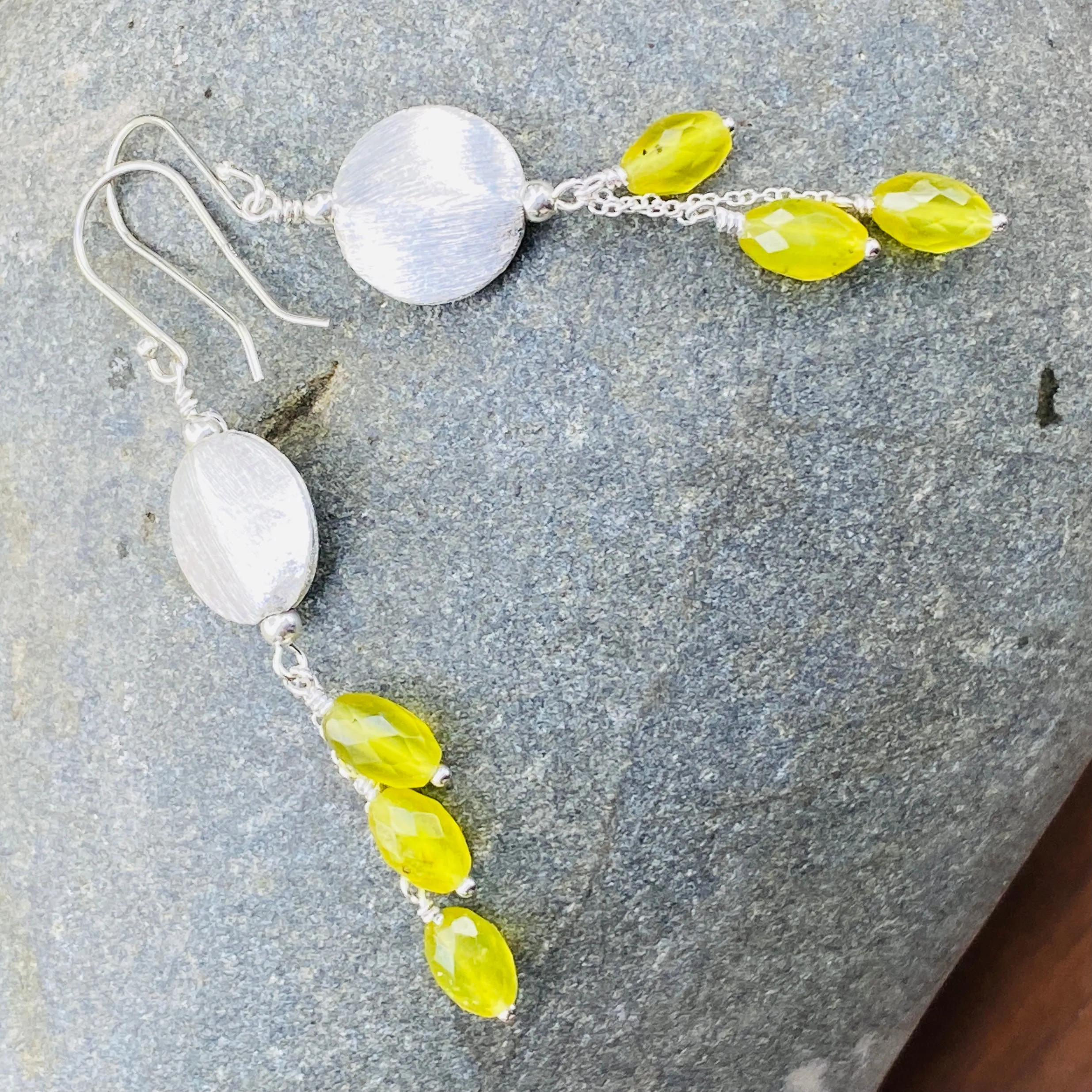Neon Yellow Korean Jade & Sterling Silver Coin Cascade Earrings