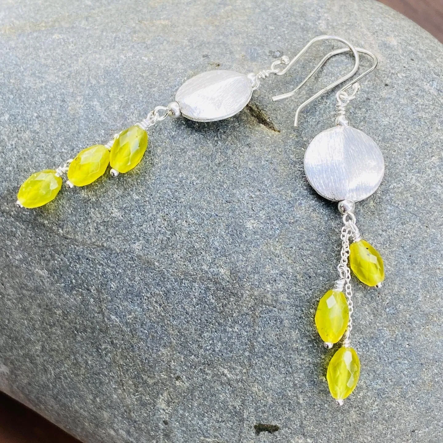 Neon Yellow Korean Jade & Sterling Silver Coin Cascade Earrings