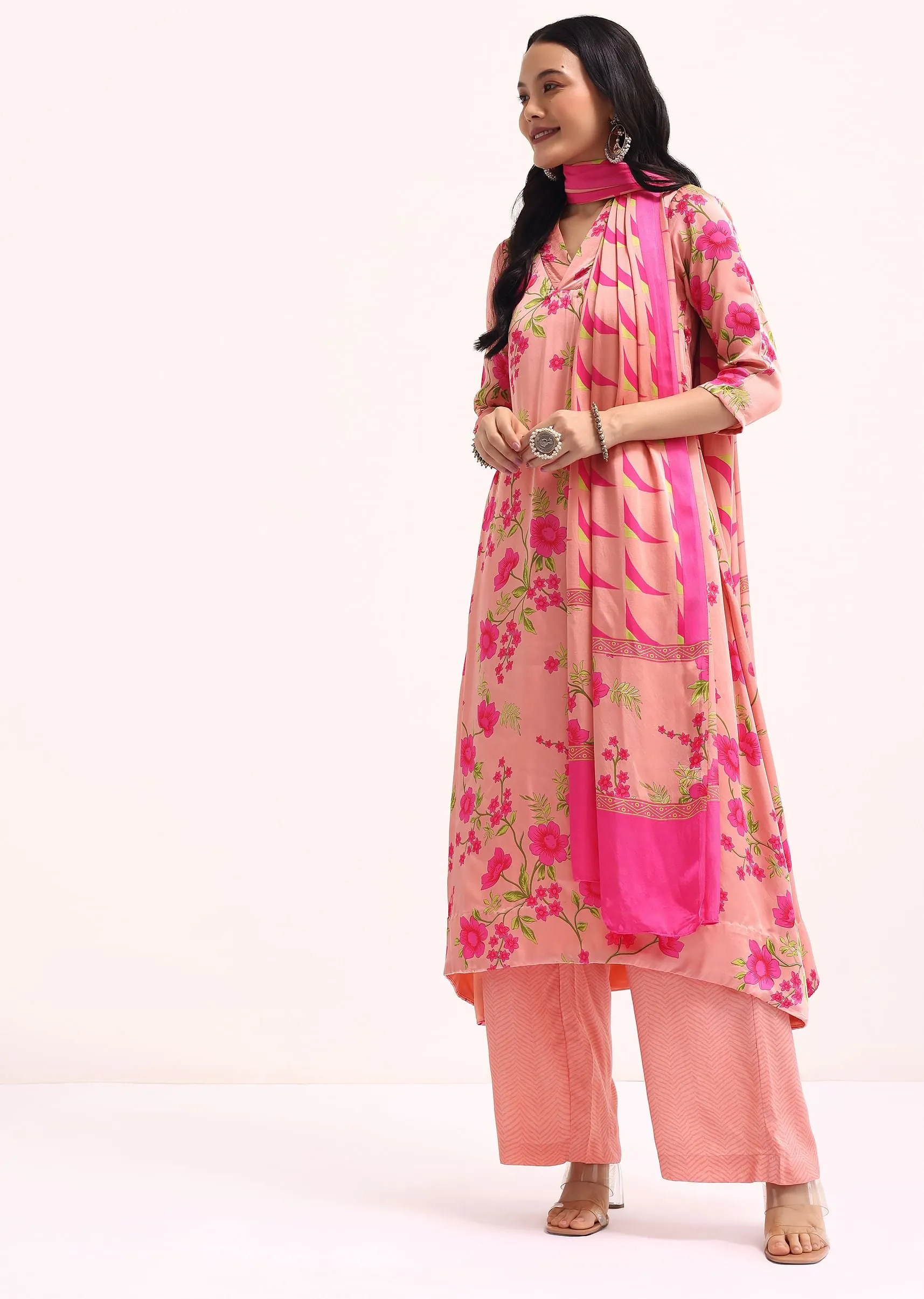 Peach Floral Printed Satin Kurta Palazzo Set