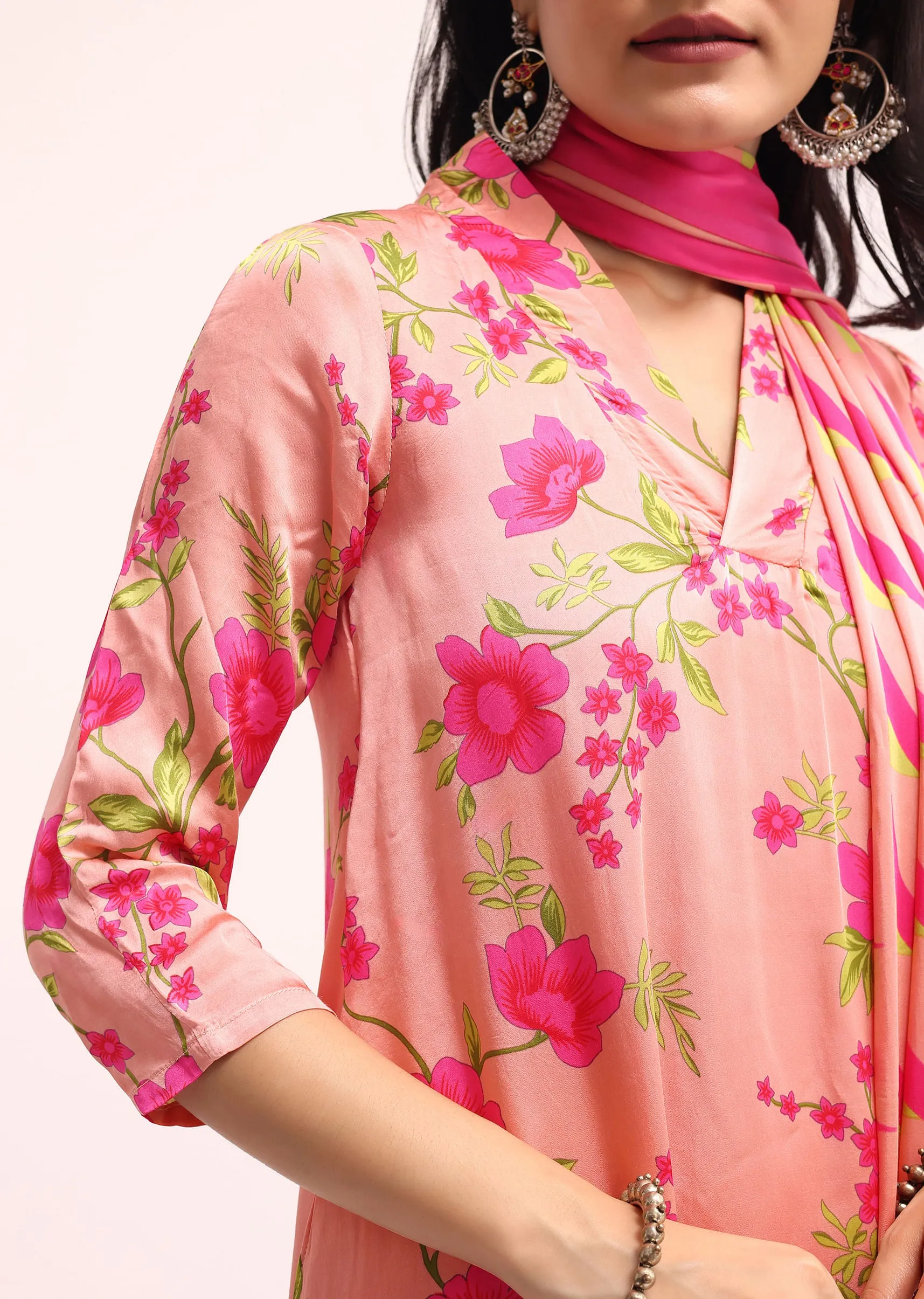 Peach Floral Printed Satin Kurta Palazzo Set