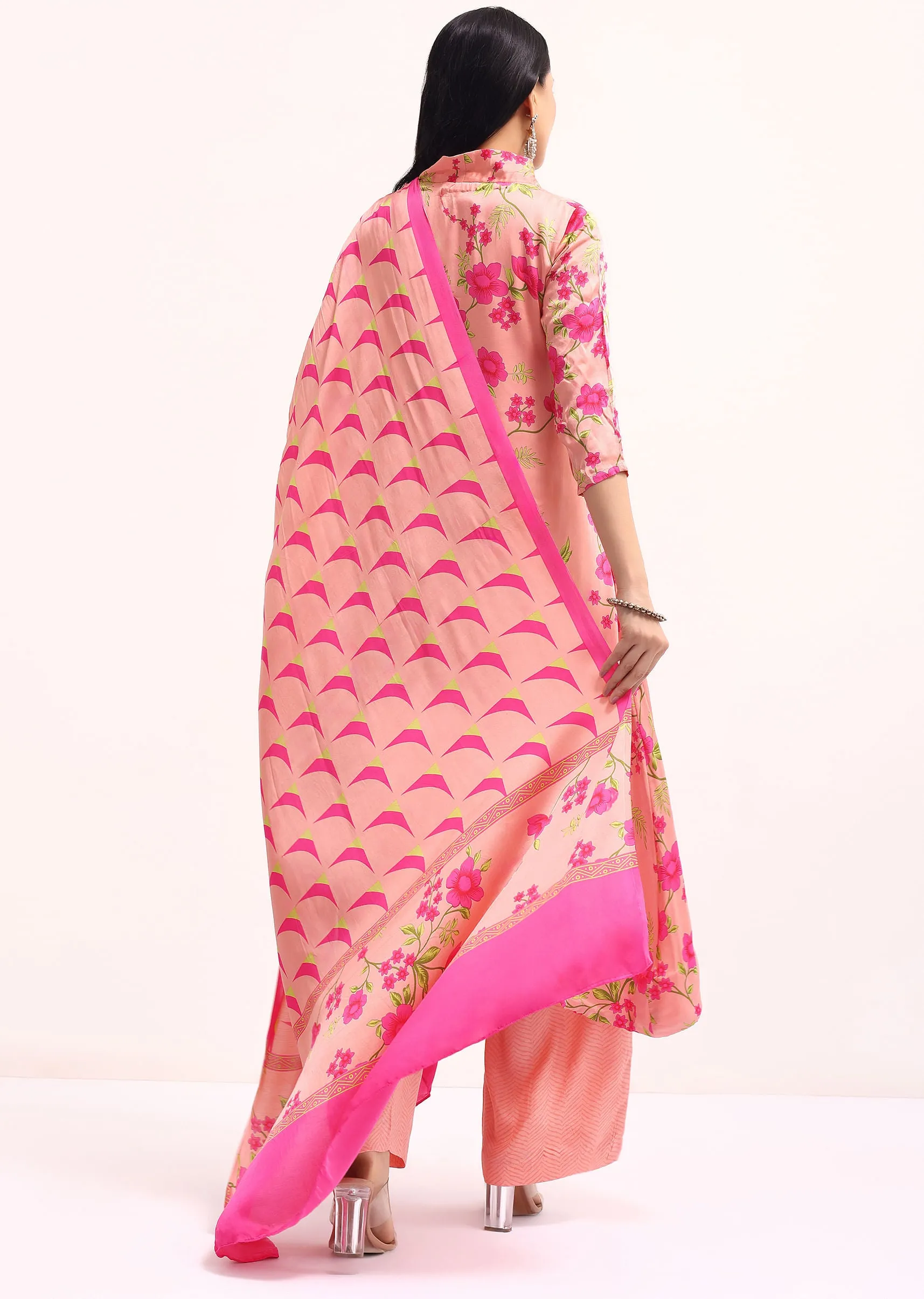 Peach Floral Printed Satin Kurta Palazzo Set