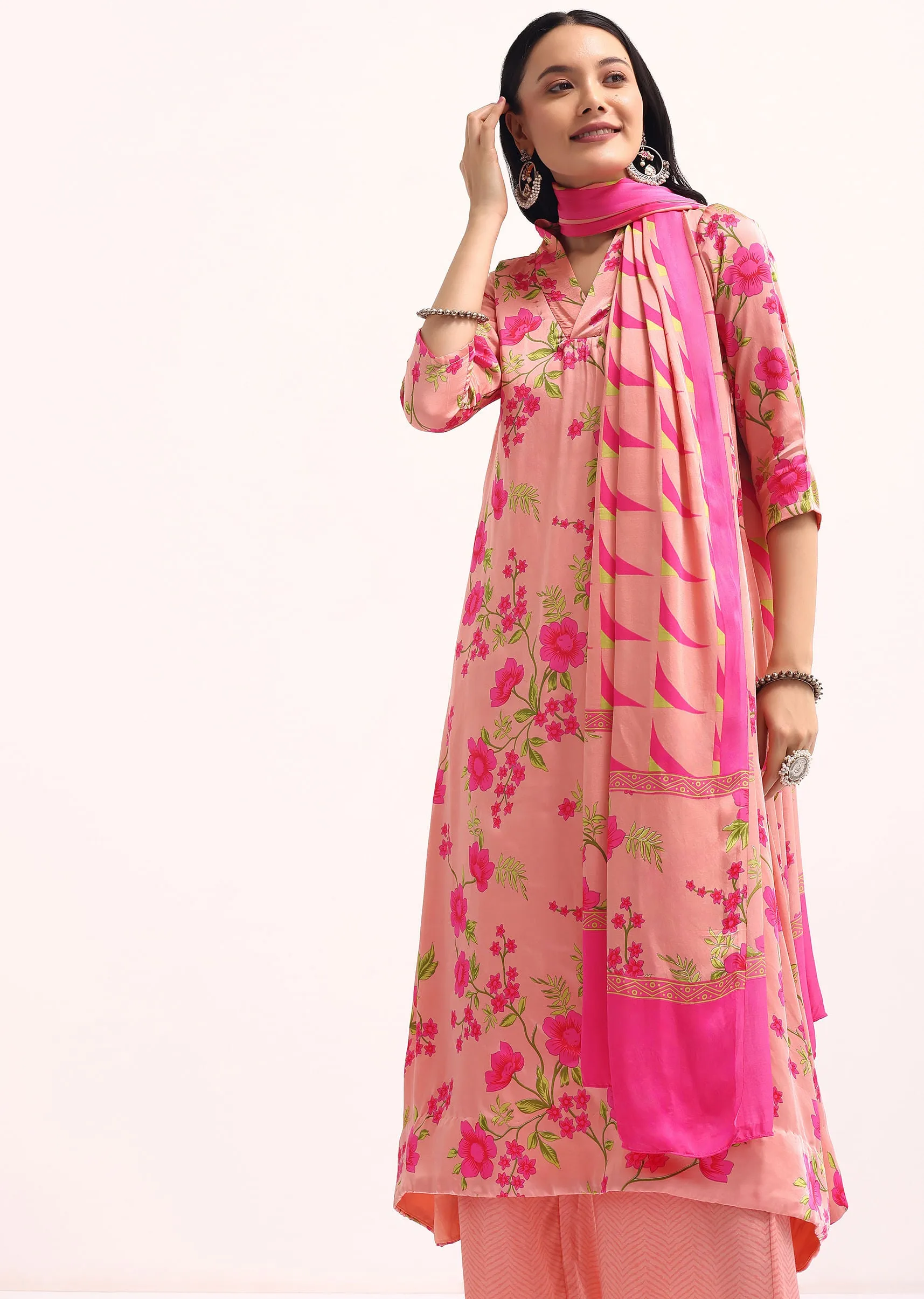 Peach Floral Printed Satin Kurta Palazzo Set