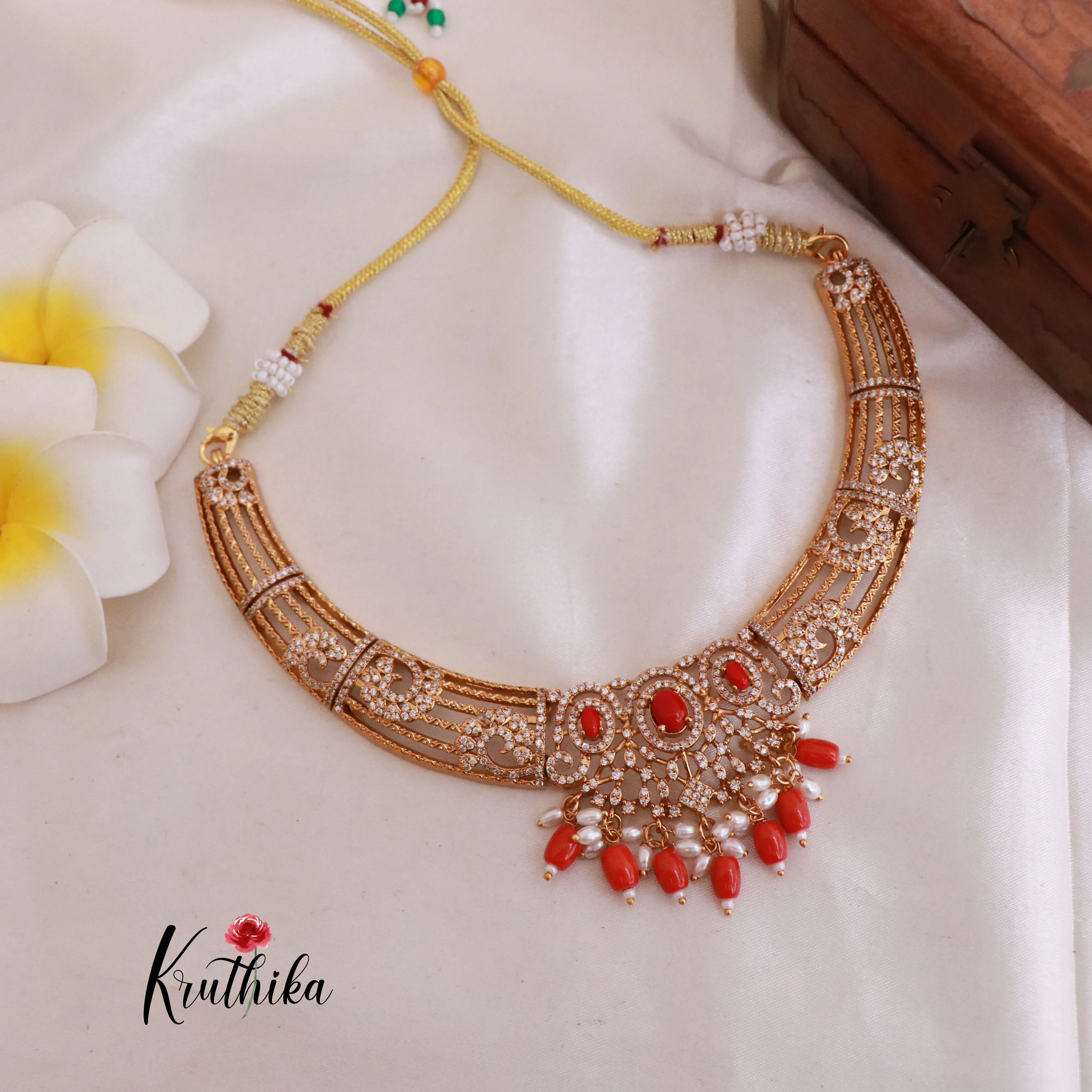 Pretty CZ Necklace with Coral Beads NC1815