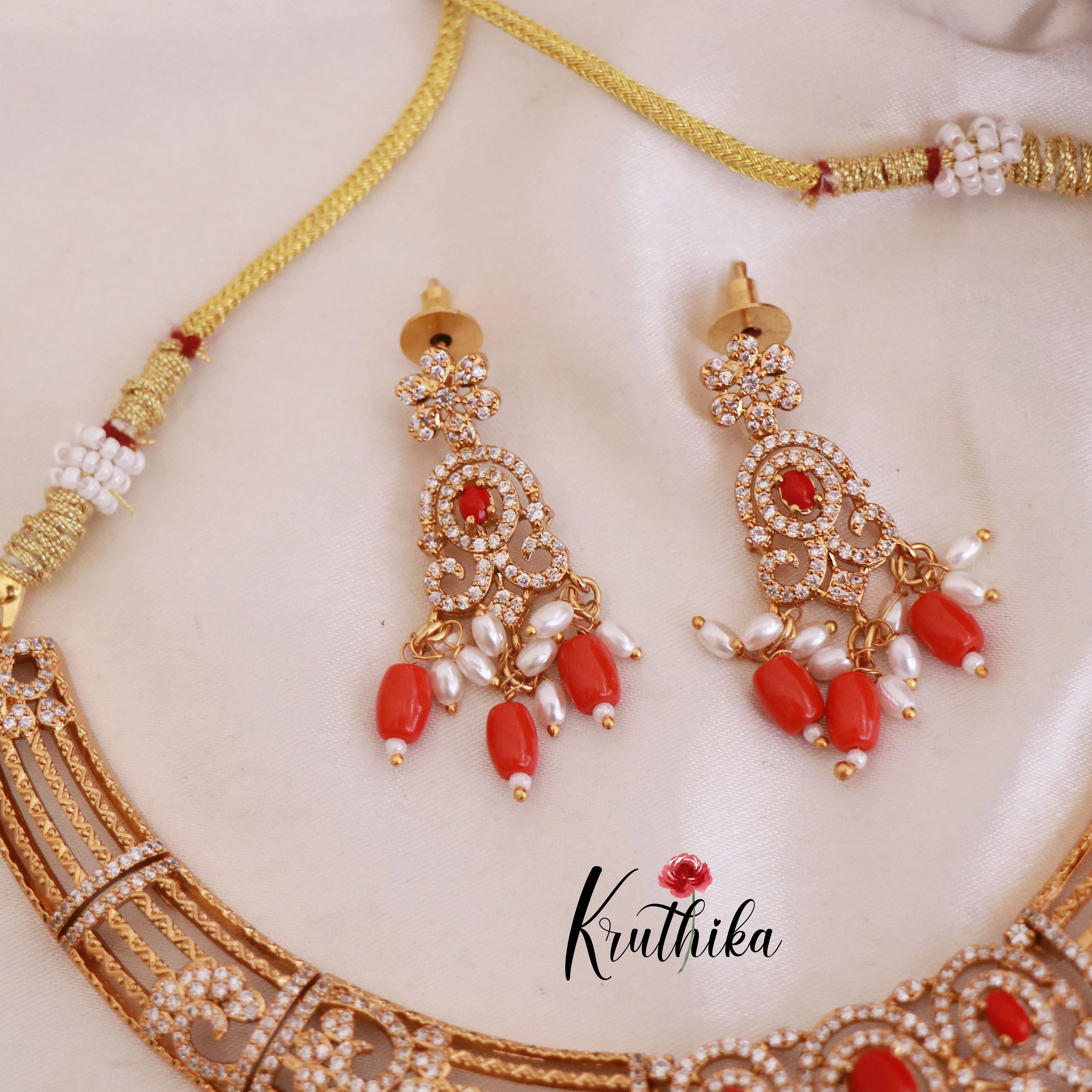 Pretty CZ Necklace with Coral Beads NC1815