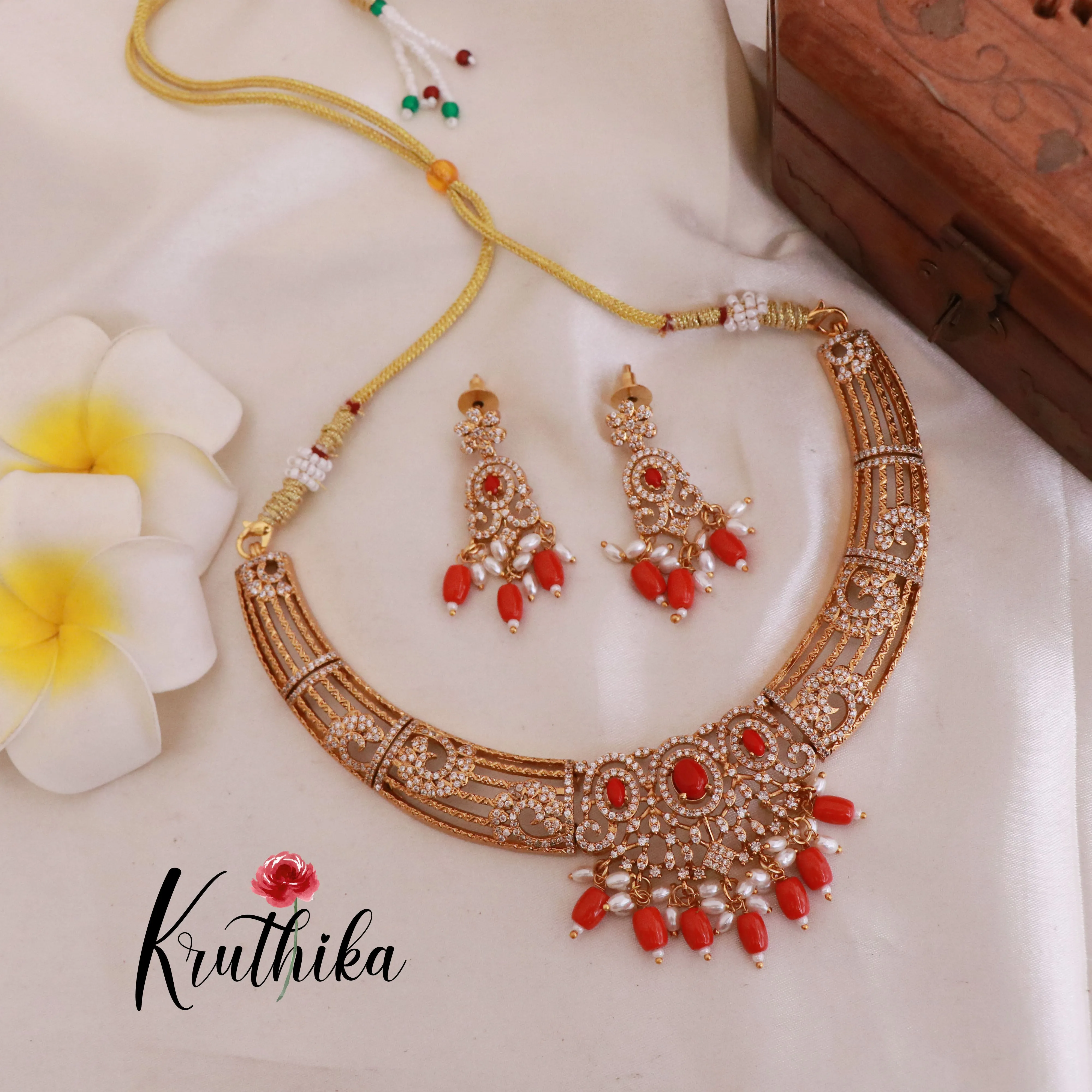 Pretty CZ Necklace with Coral Beads NC1815