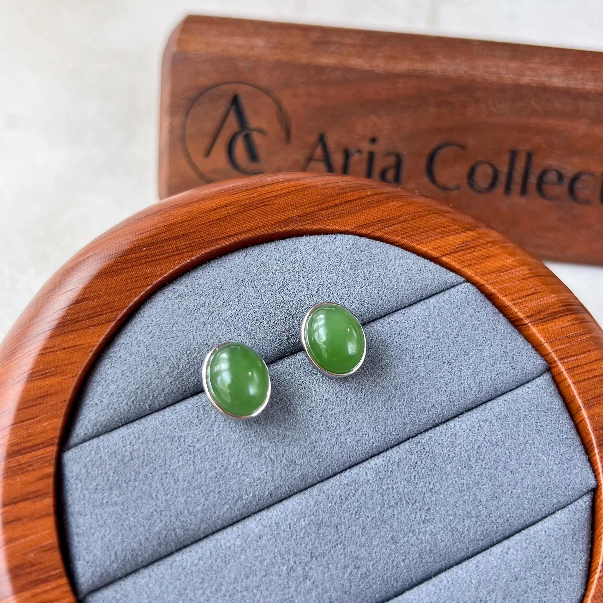 Simply Jade Earring Studs, Green Nephrite Jade Sterling Silver Earrings, JSY-0424-12123