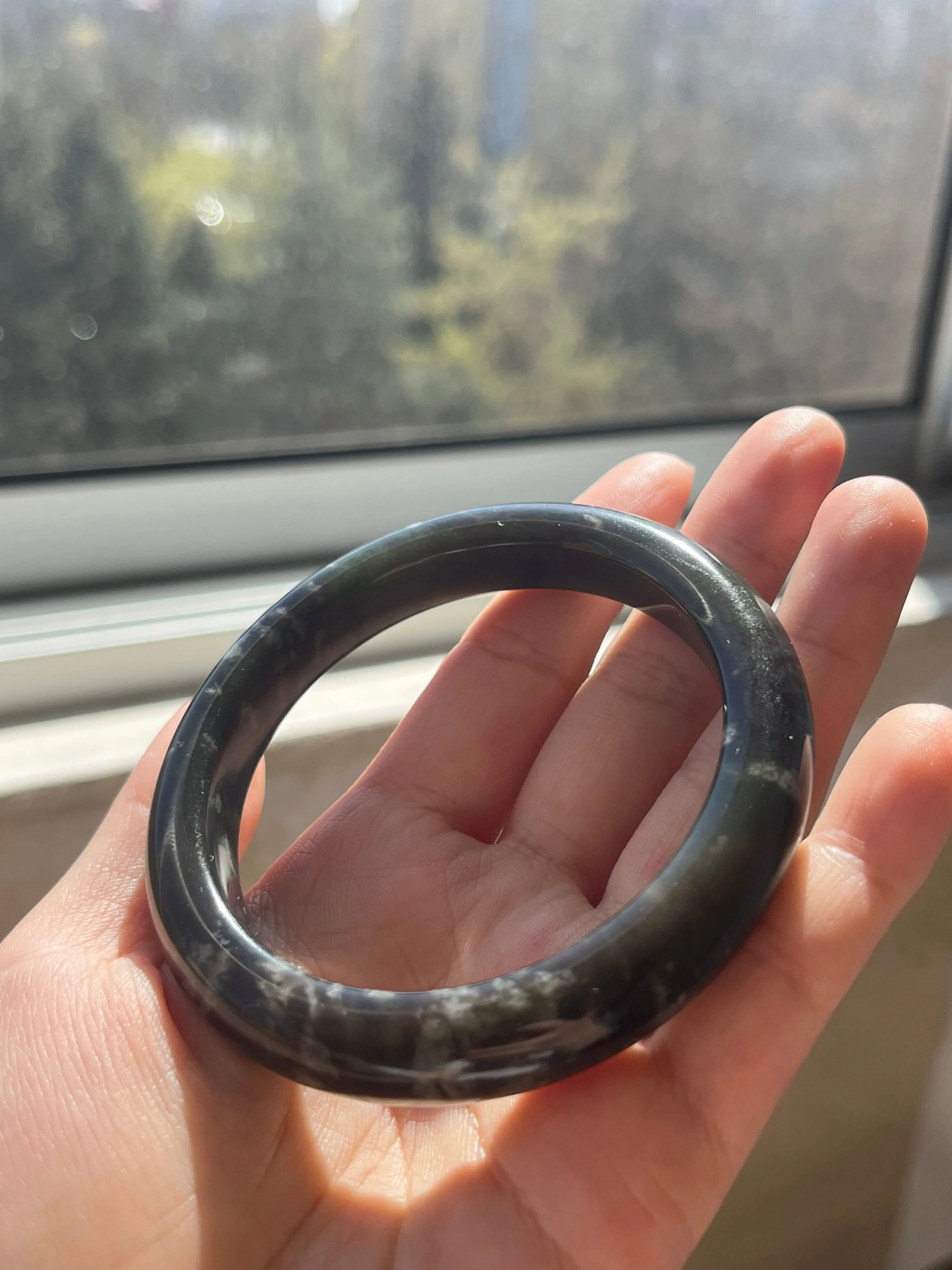 Smoky Gray Multi-hued with Cloud Patten Hetian Jade Bangle 57mm, 浓烟灰带紫带翠意境手镯