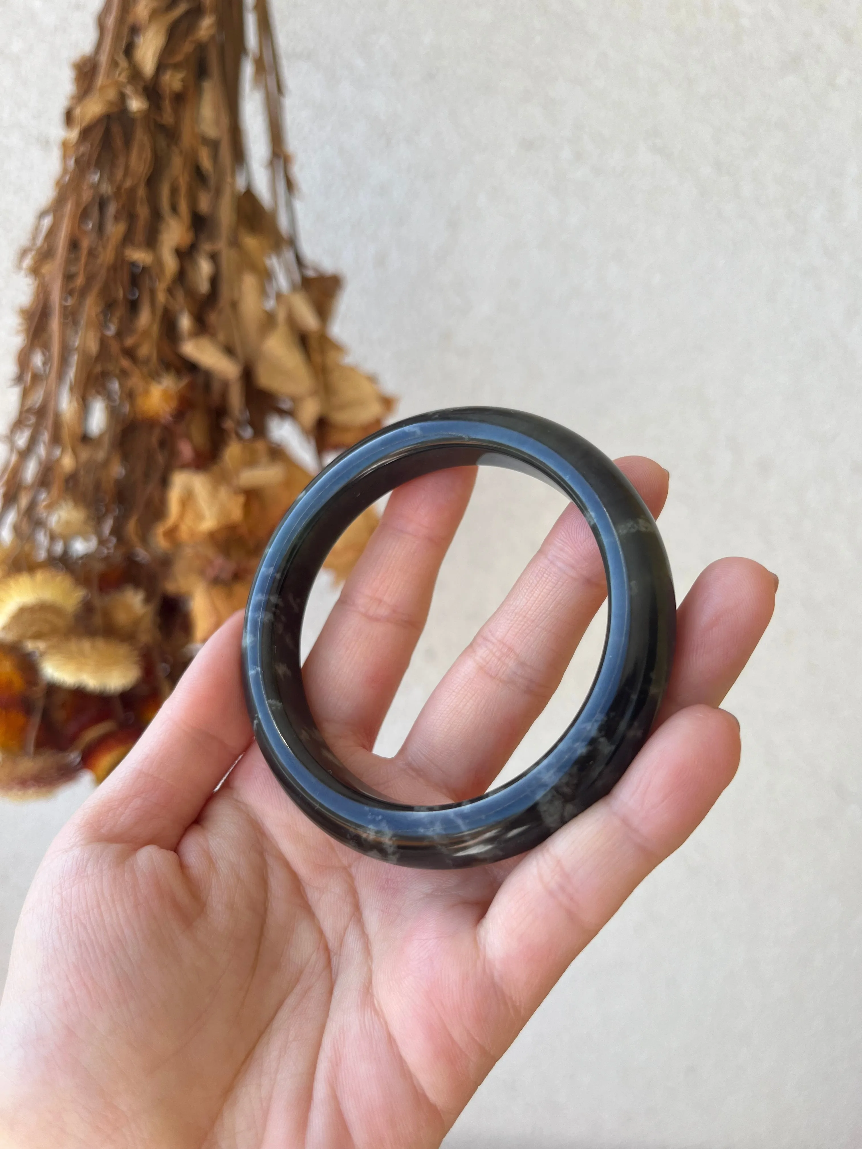 Smoky Gray Multi-hued with Cloud Patten Hetian Jade Bangle 57mm, 浓烟灰带紫带翠意境手镯