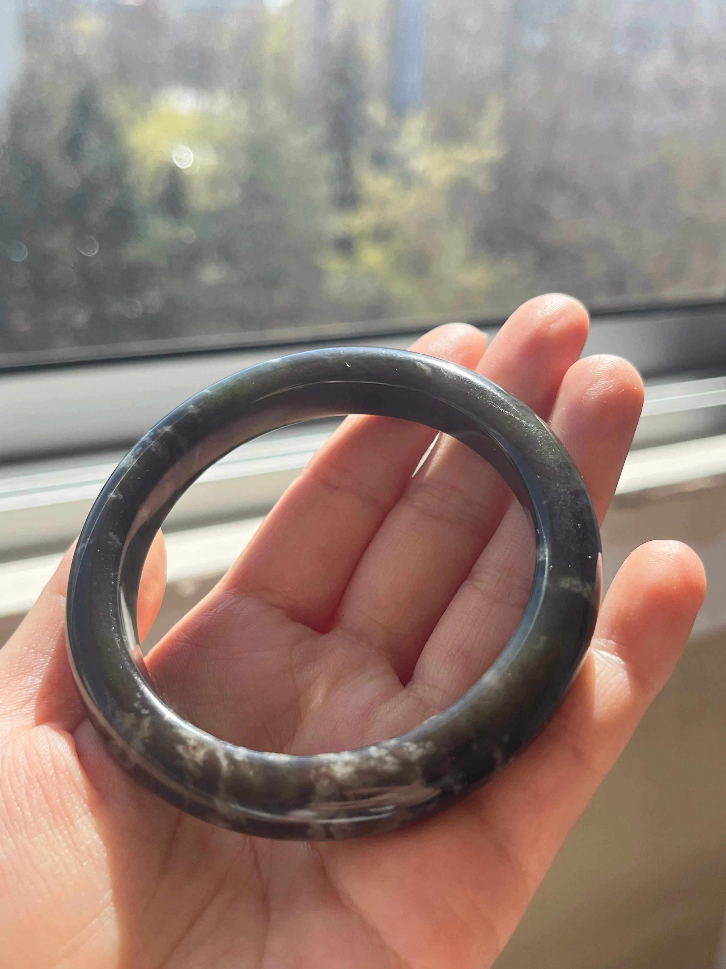 Smoky Gray Multi-hued with Cloud Patten Hetian Jade Bangle 57mm, 浓烟灰带紫带翠意境手镯