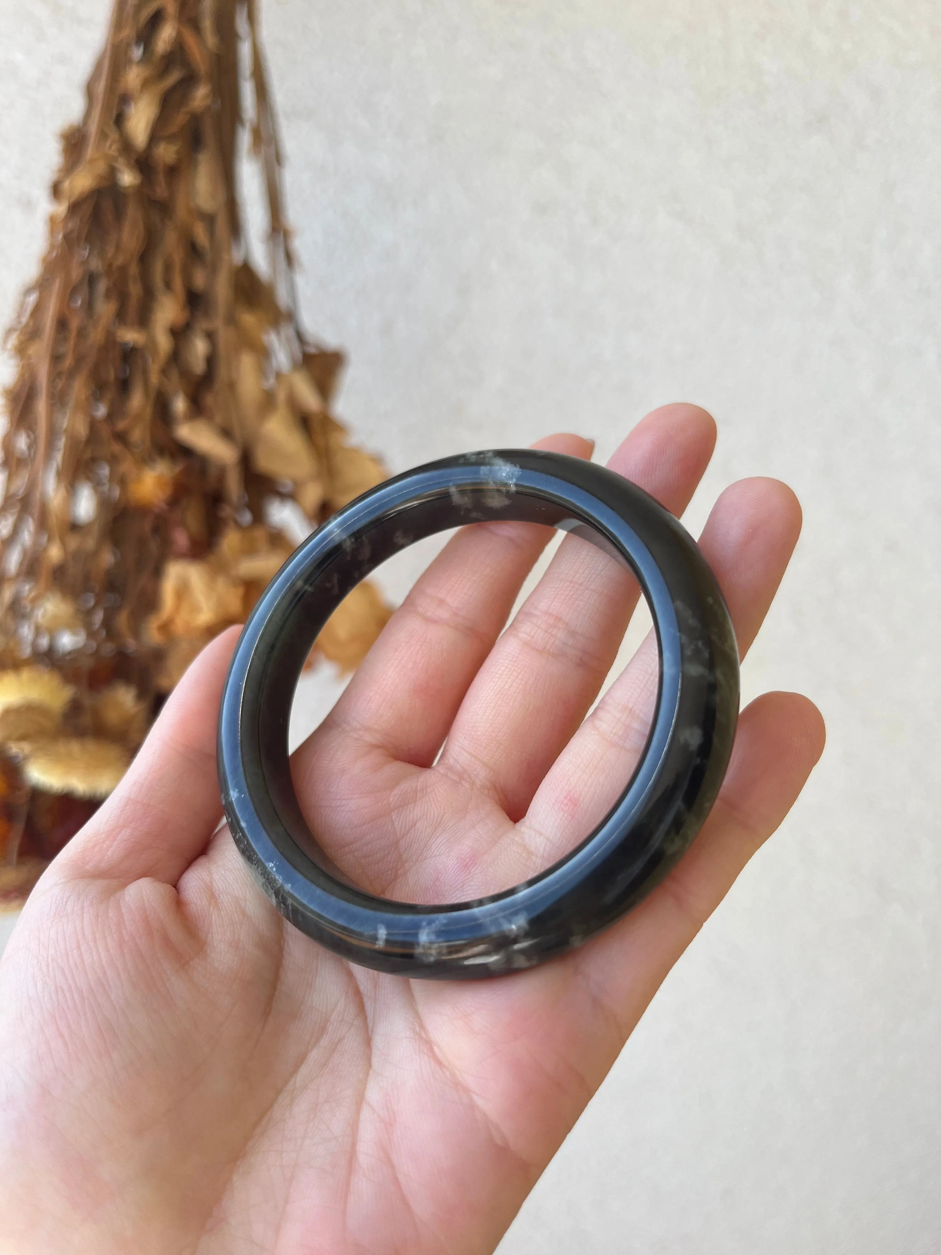 Smoky Gray Multi-hued with Cloud Patten Hetian Jade Bangle 57mm, 浓烟灰带紫带翠意境手镯