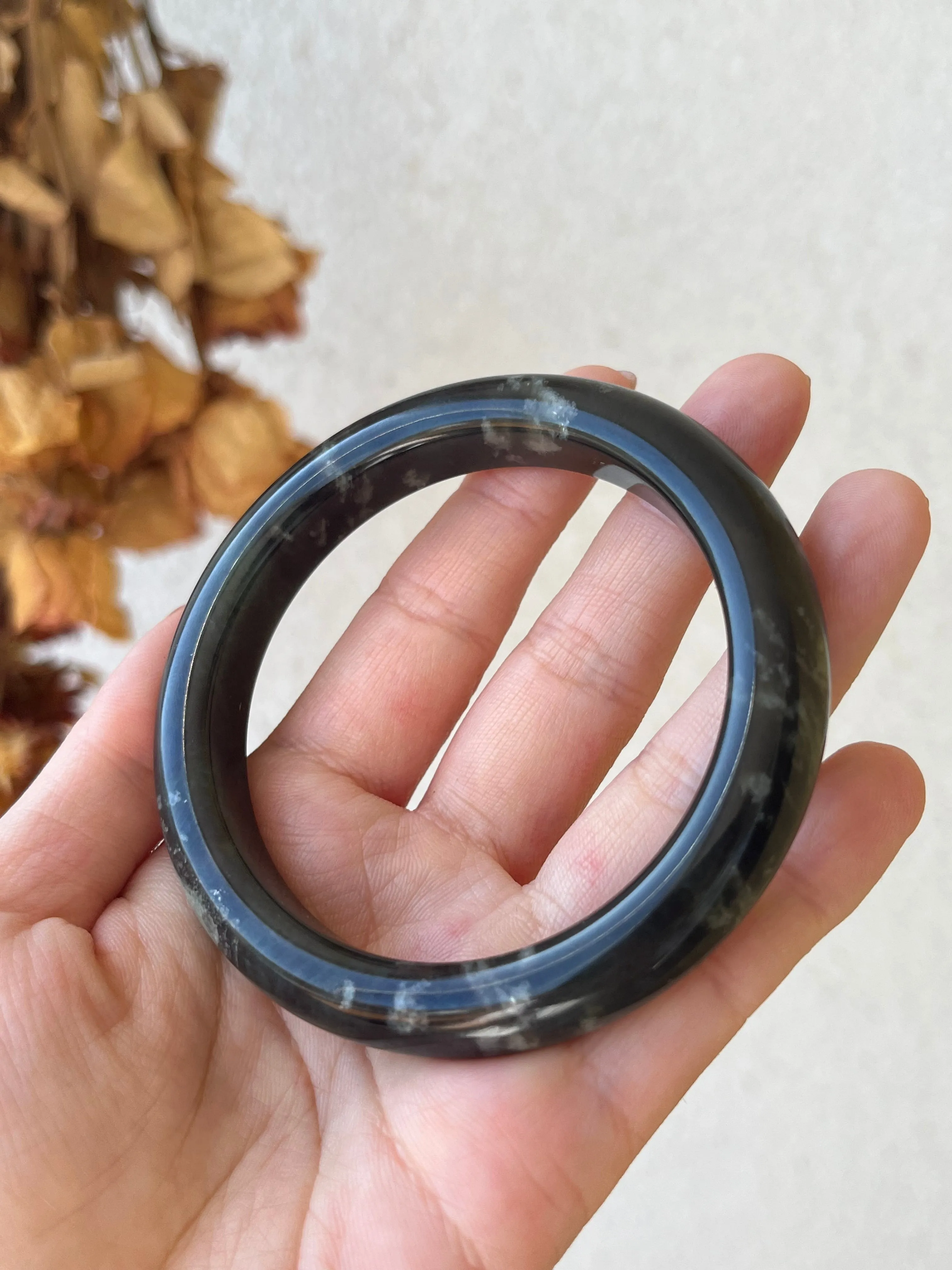 Smoky Gray Multi-hued with Cloud Patten Hetian Jade Bangle 57mm, 浓烟灰带紫带翠意境手镯