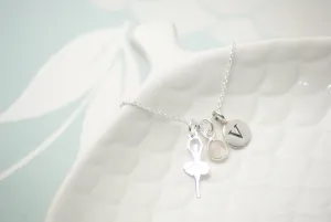 Sterling Silver Initial, Gemstone and Ballerina Pendant Necklace