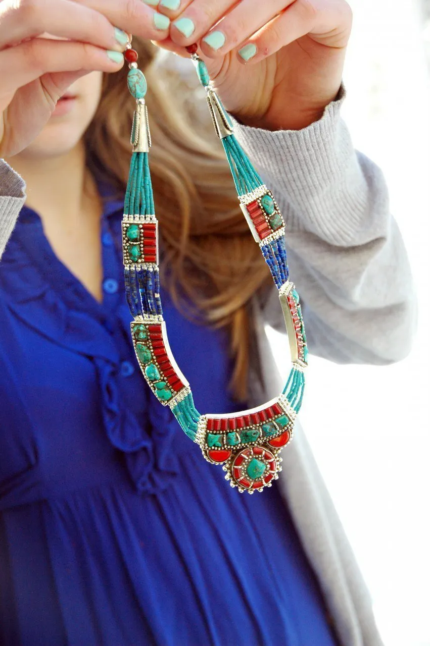 Tibetan Turquoise and Coral Karma Dolma Necklace