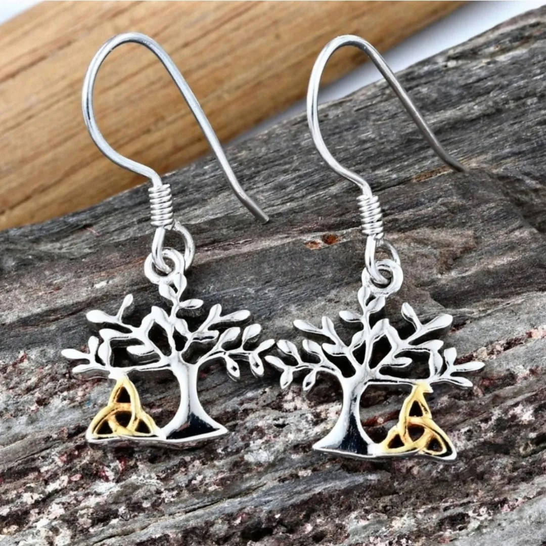 Tree of Life Dangle Earrings | Platinum Over 925S & 14k Earrings 2¾ Gram