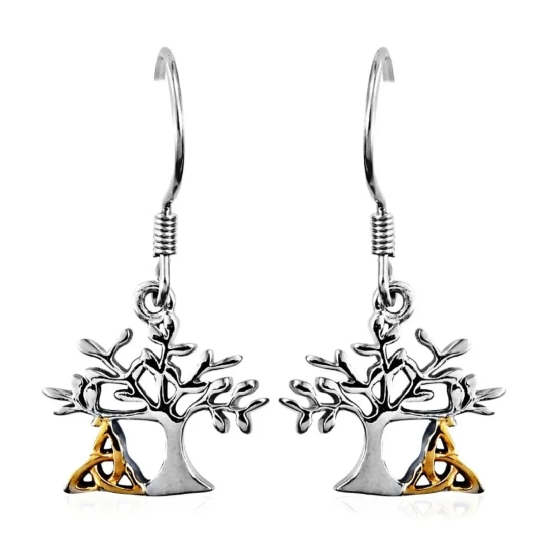 Tree of Life Dangle Earrings | Platinum Over 925S & 14k Earrings 2¾ Gram