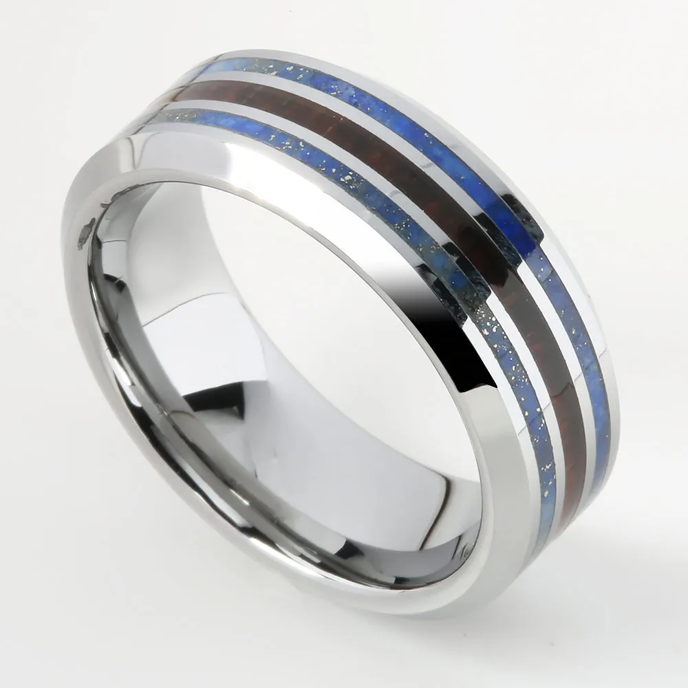 Tungsten Lapis Lazuli and Hawaiian Koa Wood Inlaid Triple Row Beveled Edge Wedding Ring 8mm