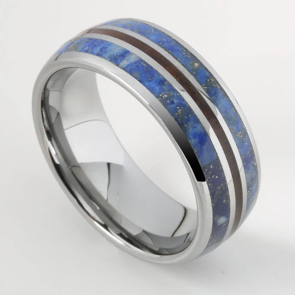 Tungsten Lapis Lazuli and Hawaiian Koa Wood Inlaid Triple Row Oval Wedding Ring 8mm