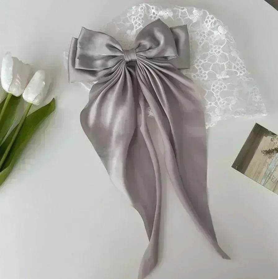 Two-layers Bowknot Streamer Hairpin Woman Girl Satin Ribbon Barrette Bow Back Head Spring Clip Headwear Hair Accessories