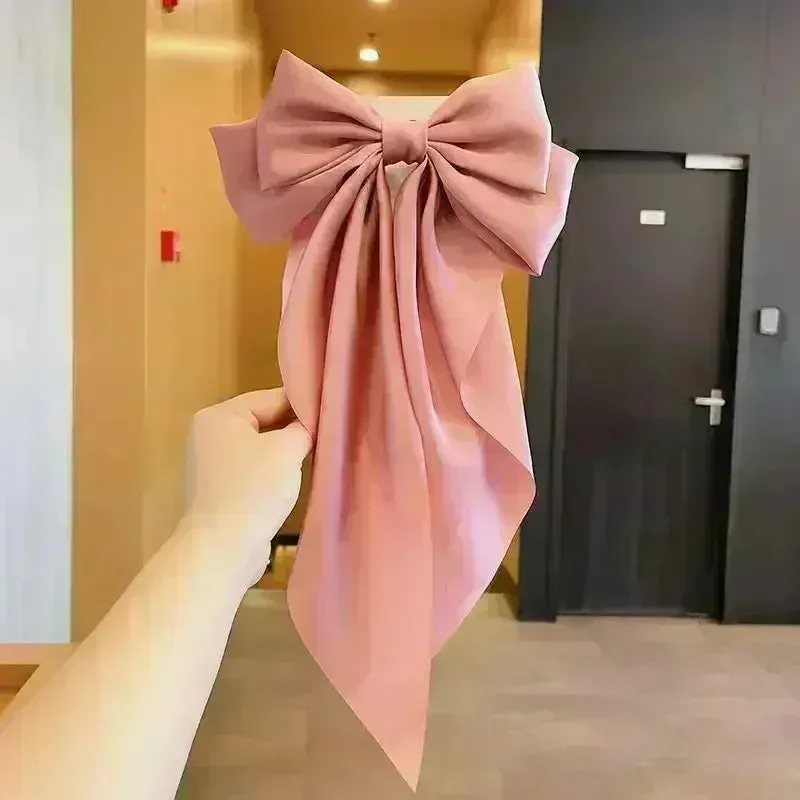 Two-layers Bowknot Streamer Hairpin Woman Girl Satin Ribbon Barrette Bow Back Head Spring Clip Headwear Hair Accessories