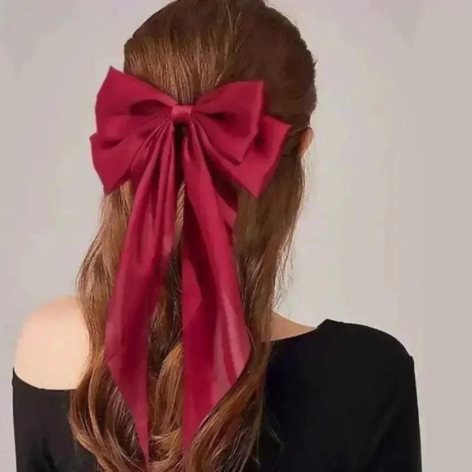 Two-layers Bowknot Streamer Hairpin Woman Girl Satin Ribbon Barrette Bow Back Head Spring Clip Headwear Hair Accessories