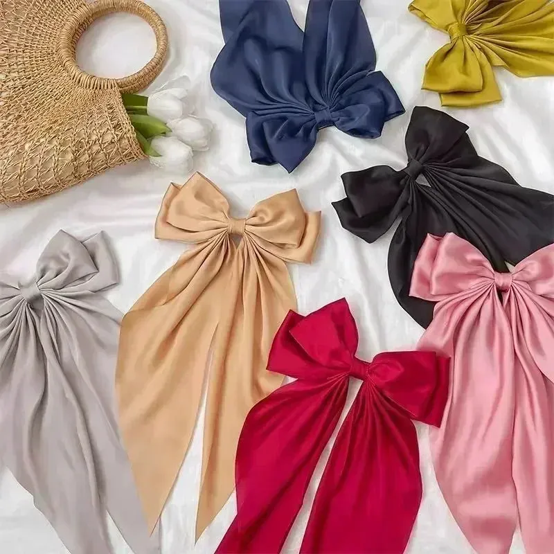 Two-layers Bowknot Streamer Hairpin Woman Girl Satin Ribbon Barrette Bow Back Head Spring Clip Headwear Hair Accessories