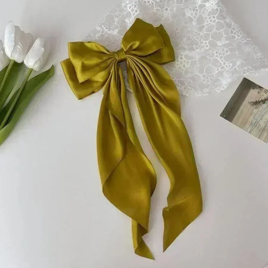Two-layers Bowknot Streamer Hairpin Woman Girl Satin Ribbon Barrette Bow Back Head Spring Clip Headwear Hair Accessories