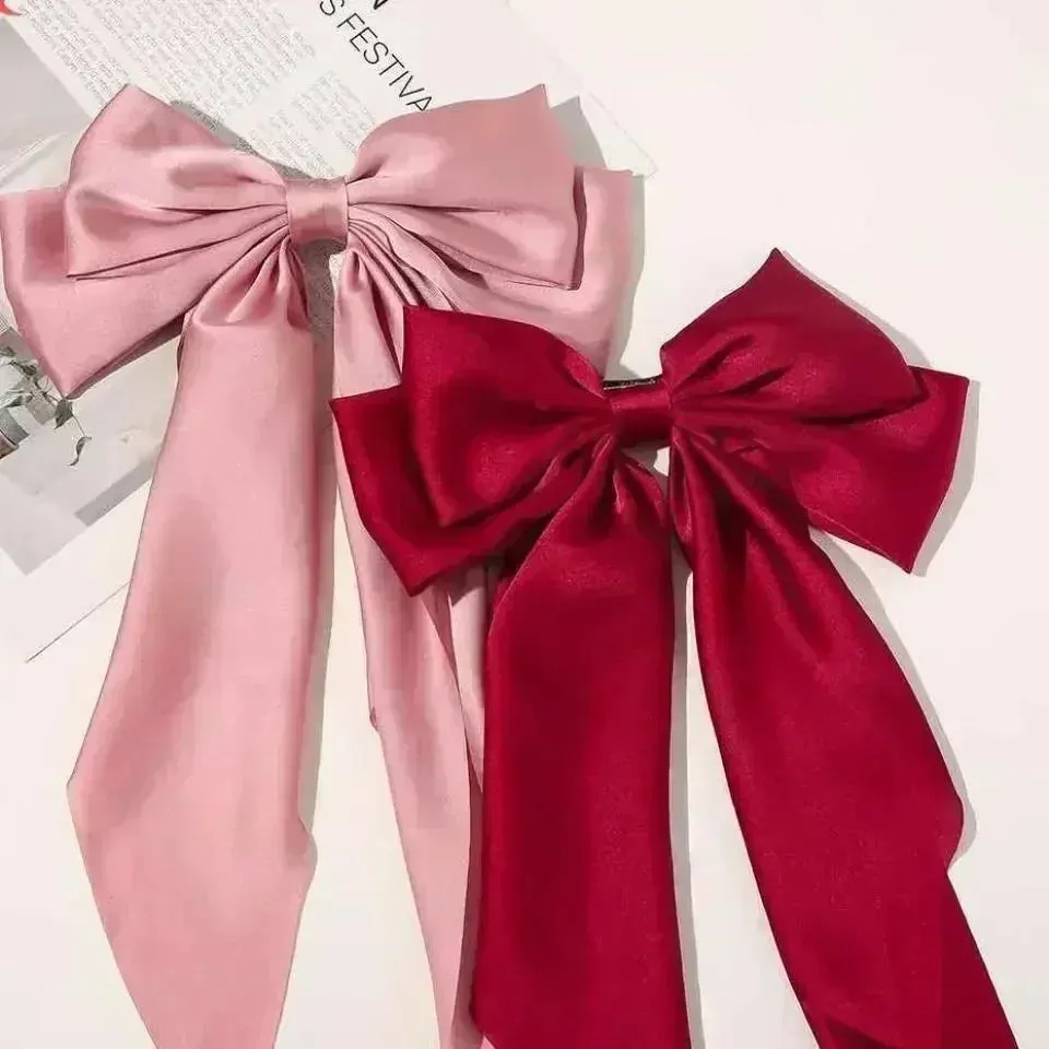 Two-layers Bowknot Streamer Hairpin Woman Girl Satin Ribbon Barrette Bow Back Head Spring Clip Headwear Hair Accessories