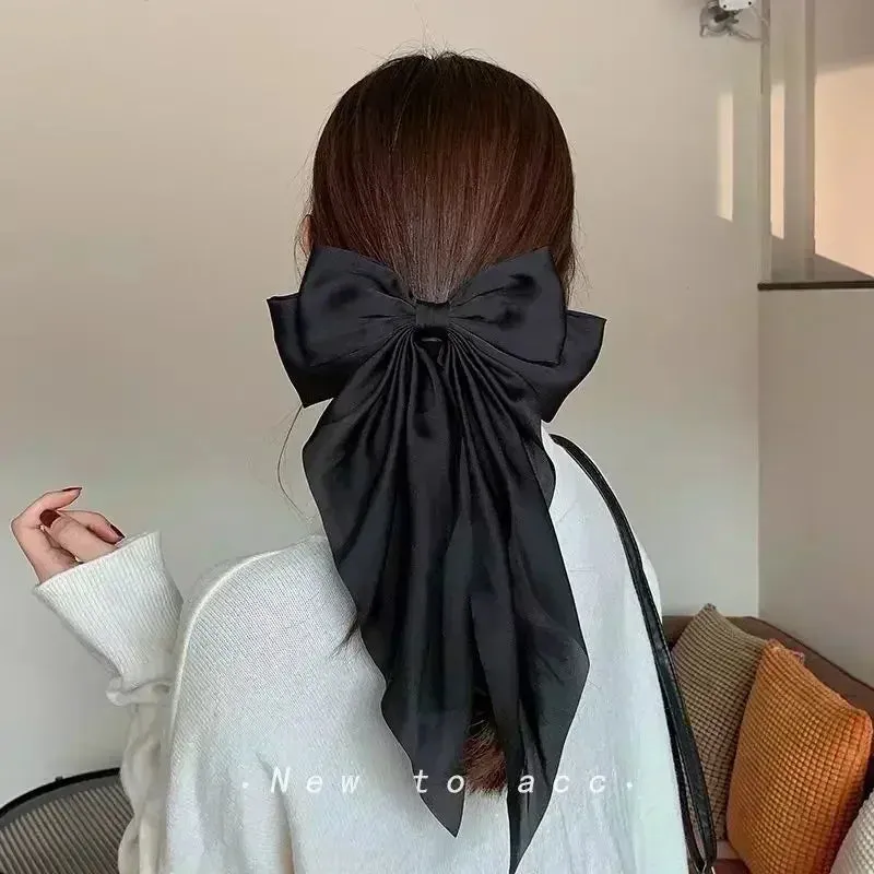 Two-layers Bowknot Streamer Hairpin Woman Girl Satin Ribbon Barrette Bow Back Head Spring Clip Headwear Hair Accessories