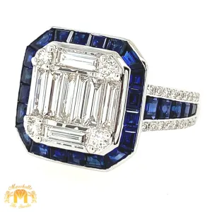 VVS/vs high clarity diamonds set in a 18k White Gold Ladies' Coctail Ring with Blue Sapphire (extra large VVS baguettes)